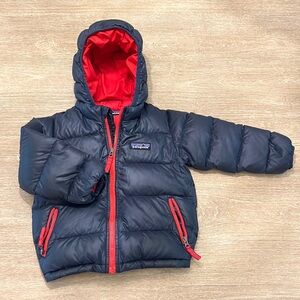 Patagonia Hi-Loft Down Sweater Hoody 12-18 month Blue with Red